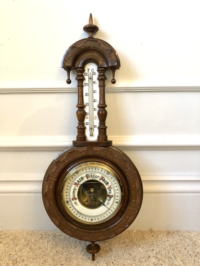 Small Victorian Walnut Aneroid Wheel Barometer