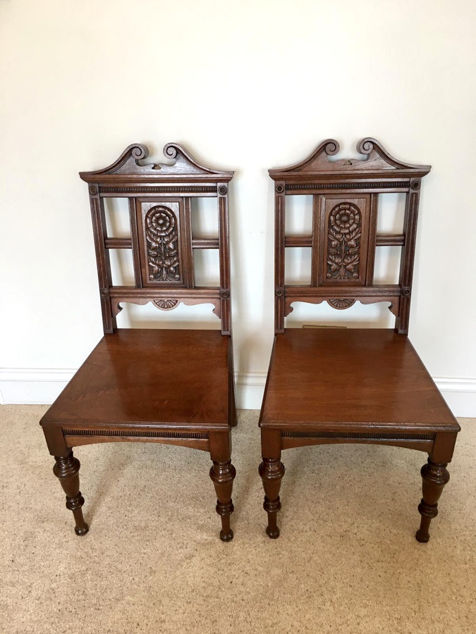 Pair of Antique Carved Walnut Hall Chairs by Simpson and Sons, Halifax