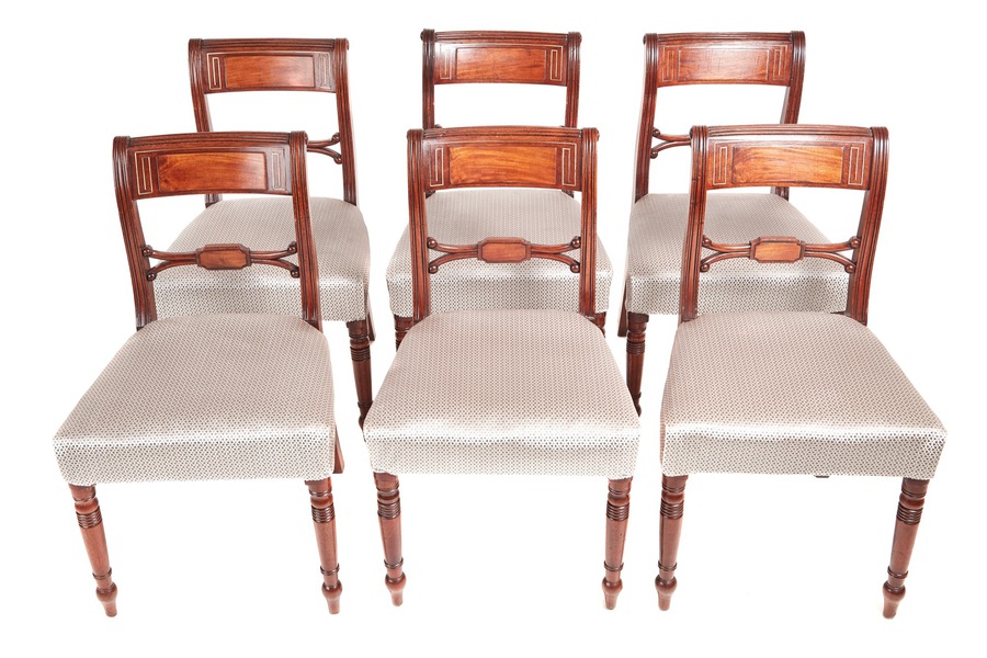 Antique Set of Six George III Mahogany Brass Inlay Dining Chairs