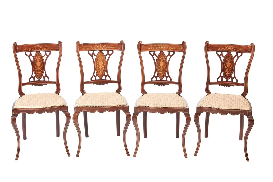  Antique Set of Four Edwardian Rosewood Inlaid Dining Chairs