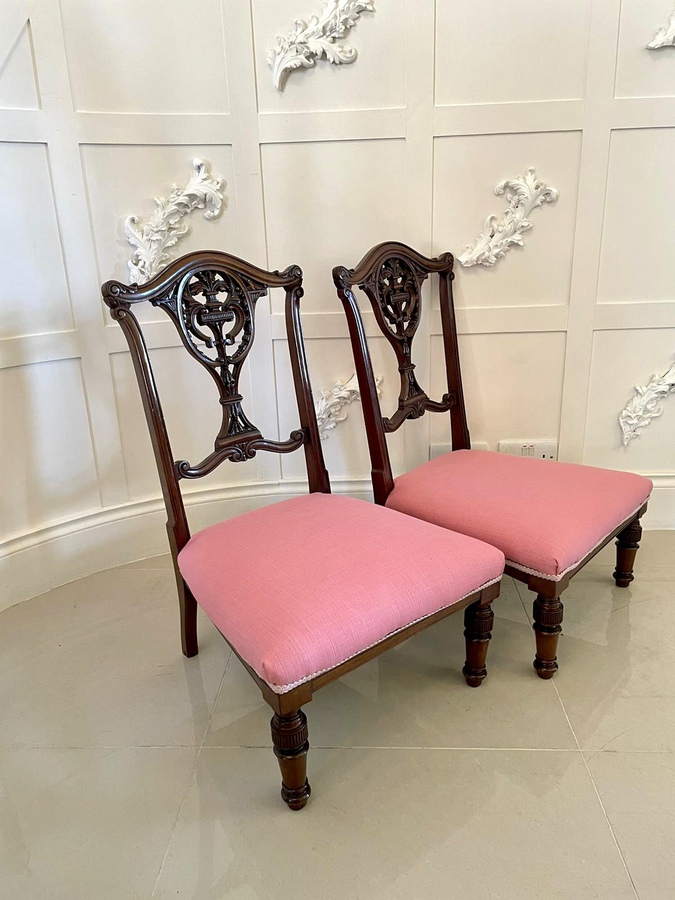Quality Pair of Antique Victorian Carved Mahogany Side Chairs 