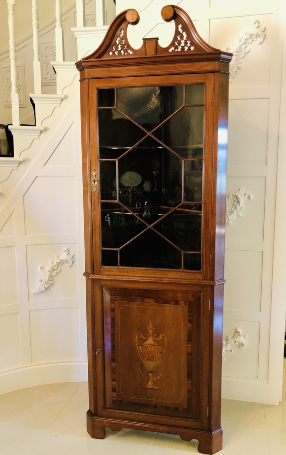 Antique Fine Quality Edwardian Inlaid Mahogany Corner Cupboard