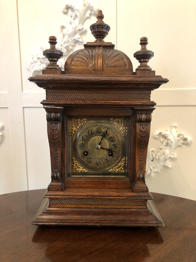  Large Antique Carved Walnut Brass Face Eight Day Bracket Clock