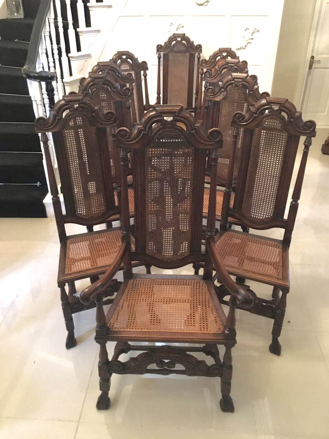  Fine Set of 10 Antique Carved Oak Carolean Style Chairs