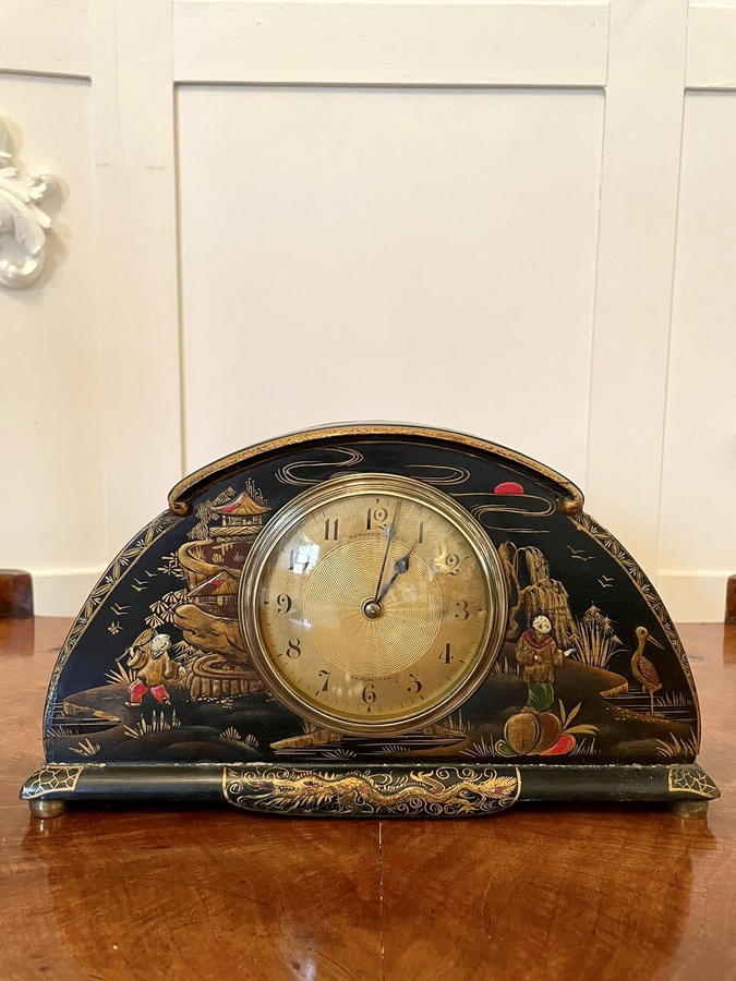 Antique Art Deco Lacquered Chinoiserie Desk Clock