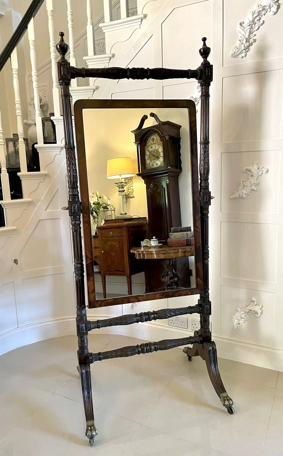   Outstanding Quality Large Antique Regency Carved Mahogany Cheval Mirror 