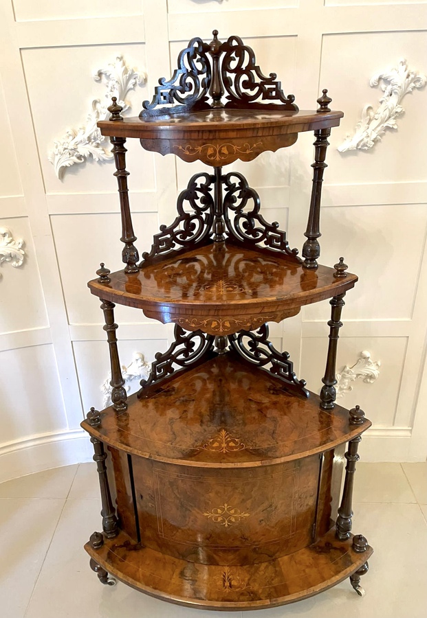 Antique   Large Outstanding Quality Antique Victorian Inlaid Burr Walnut Corner Whatnot 