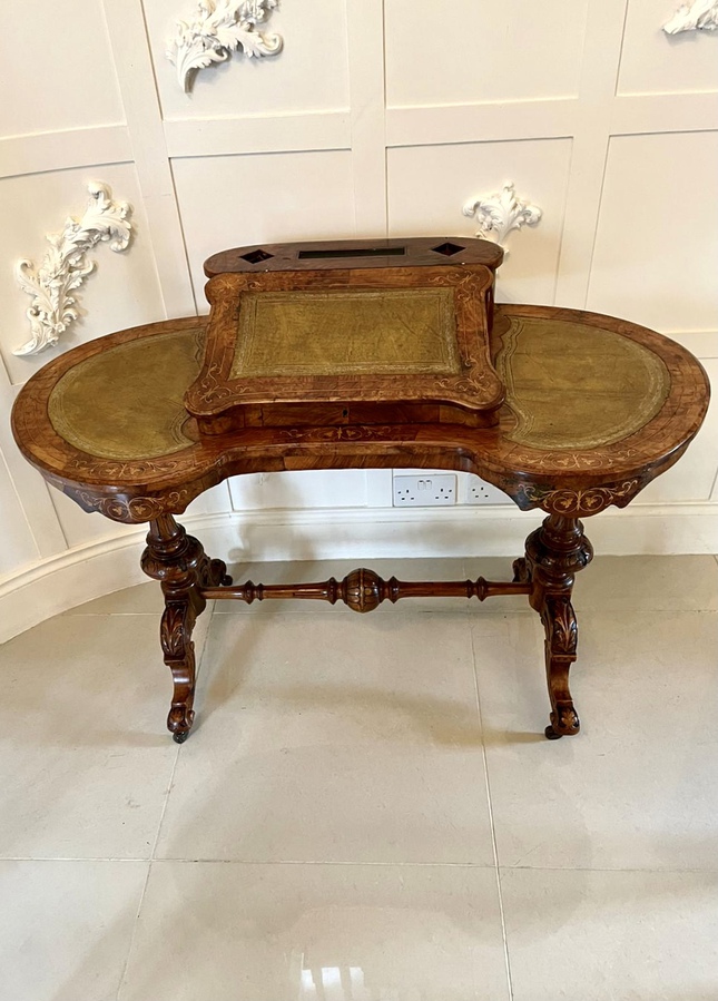 Quality Antique Victorian Freestanding Inlaid Burr Walnut Kidney Shaped Writing Table  ?