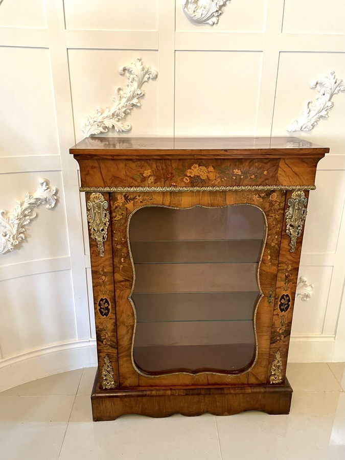 Antique Fine Quality Antique Victorian Burr Walnut Floral Marquetry Inlaid Display Cabinet 