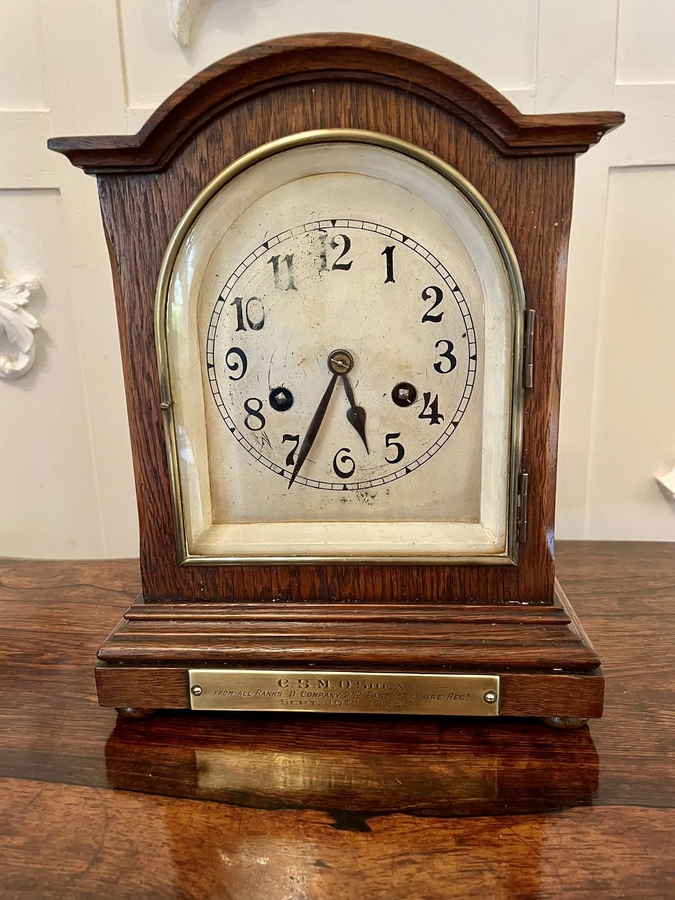  Antique Oak Bracket Clock with Eight Day Striking Movement 