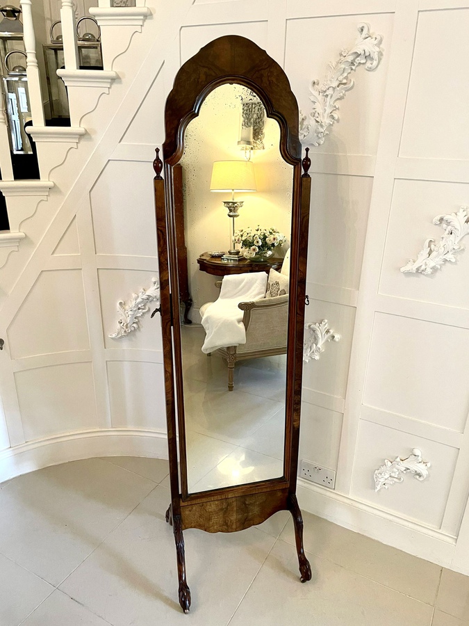 Antique Quality Burr Walnut Carved Cheval Mirror 