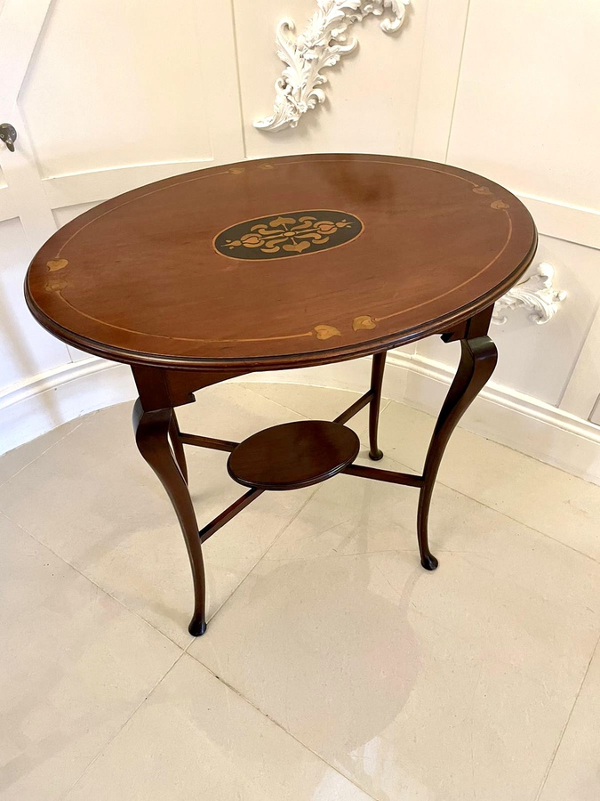 Antique  Quality Antique Art Nouveau Inlaid Mahogany Oval Lamp Table 