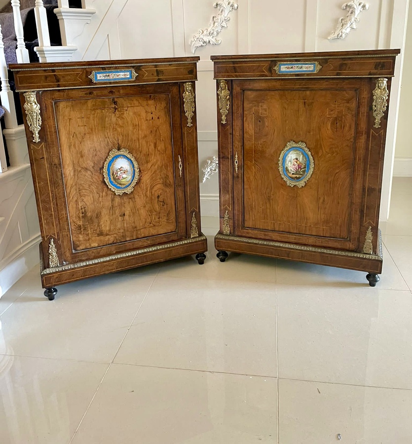 Outstanding Quality Pair Of Antique Victorian Inlaid Burr Walnut and Porcelain Mounted Pier Cabinets REF: 355C