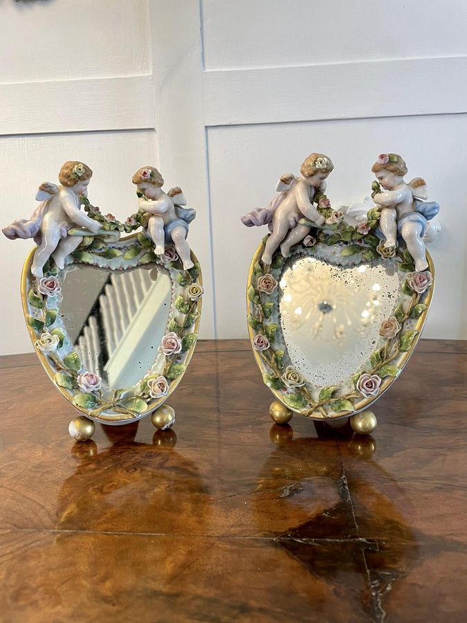 Antique Pair of Continental Porcelain Heart Shaped Mirrors ref: 1224
