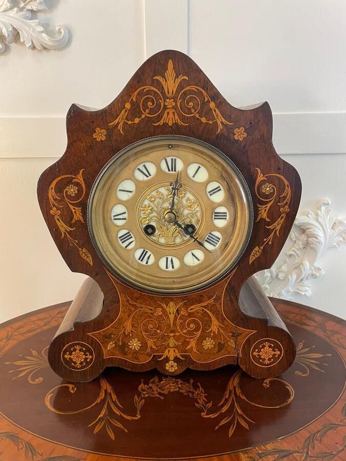 Antique 19th Century French Rosewood Marquetry Inlaid Eight Day Mantel Clock ref: 1226