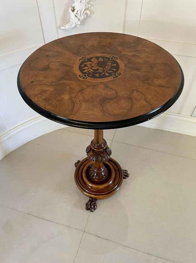Antique Antique Victorian Quality Carved and Marquetry Inlaid Burr Walnut Circular Lamp Table  ref: 1165