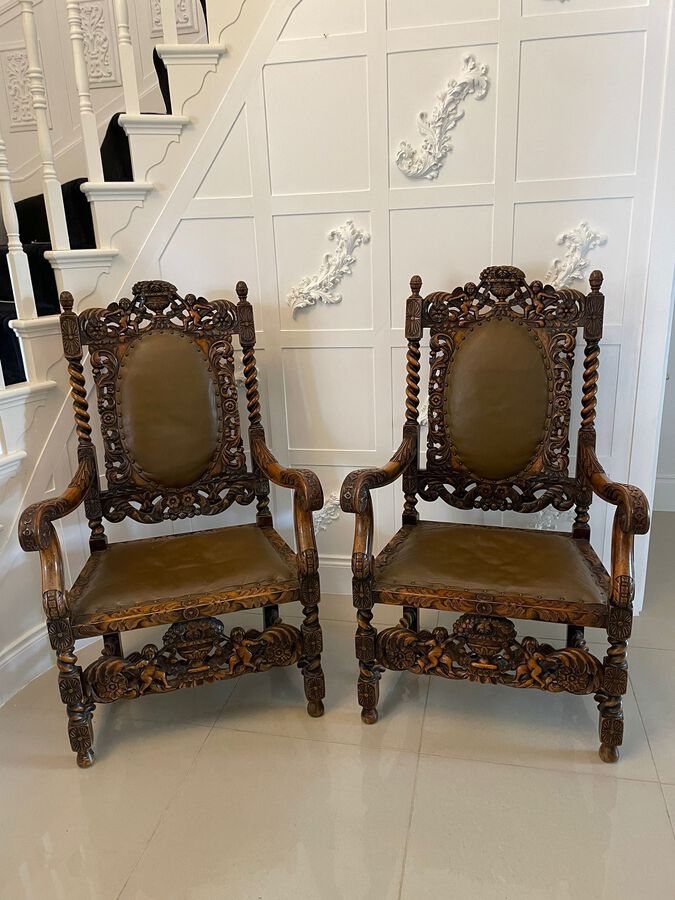 Outstanding Quality Large Pair of Antique Victorian Carved Walnut and Leather Armchairs ref: 399C