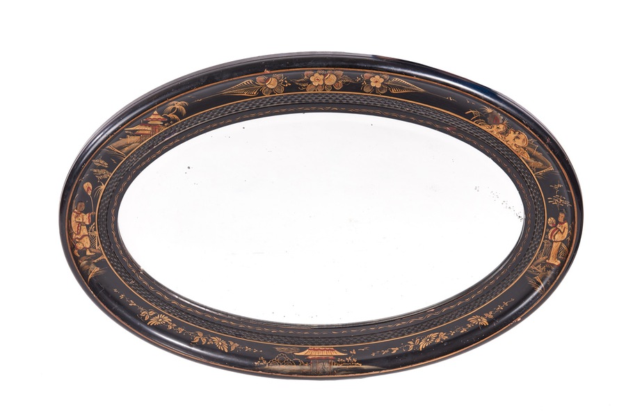 Antique Oval Chinoiserie Lacquered Decorated Wall Mirror REF:165