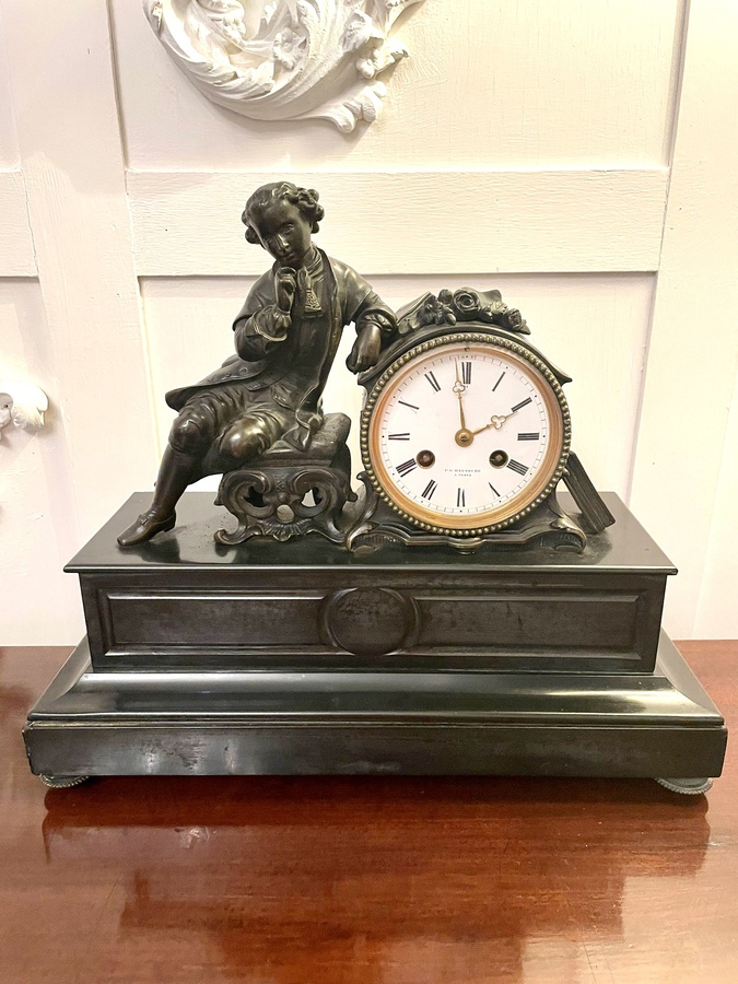  Antique Victorian French Quality Bronze and Marble Eight Day Mantle Clock by  P L Hausburg Paris REF:232C 