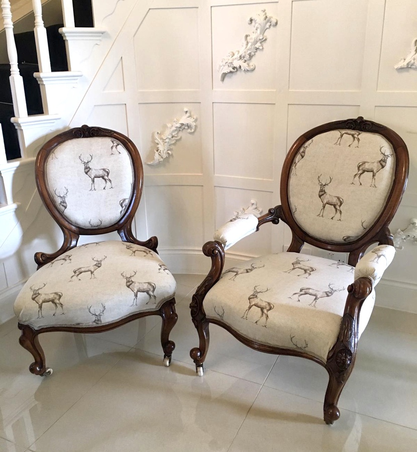 Antique  Fine Pair of Antique Victorian Carved Walnut Chairs REF:444
