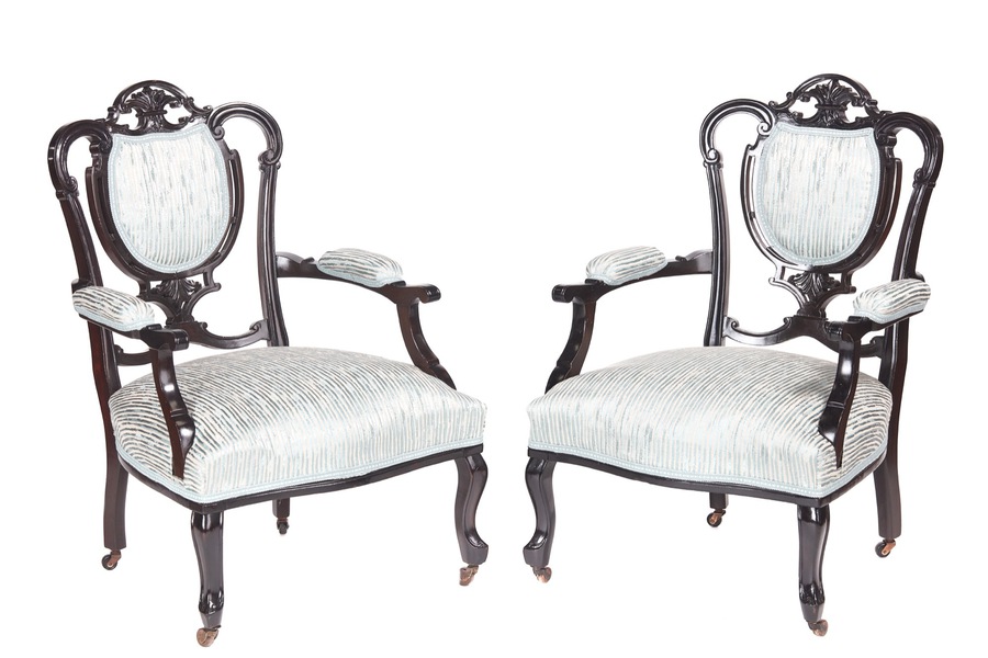  Pair of Victorian Carved Black Lacquered Library Chairs REF:498