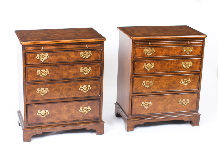 Vintage Pair of Burr Walnut Bedside Chests Cabinets With Slides 20th C