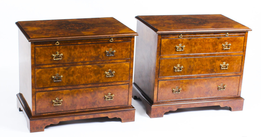 Superb Bespoke Pair of Burr Walnut Bedside Chests Cabinets With Slides