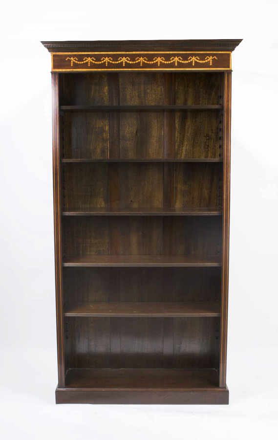 Antique Pair Sheraton Revival Open Bookcase Flame Mahogany
