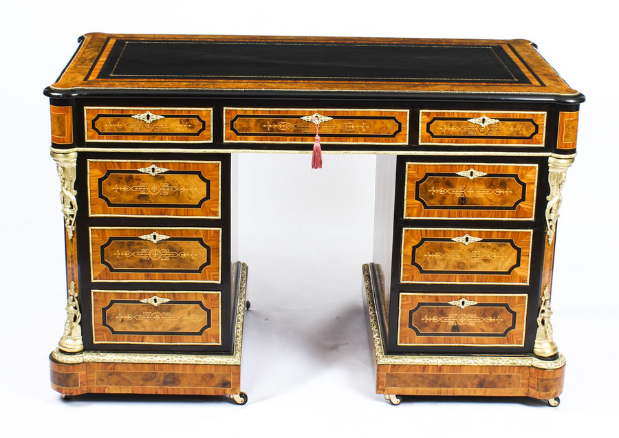 Antique Antique Burr Walnut, Olive Wood, Ebonised, Ormolu Mounted Pedestal Desk 19th C