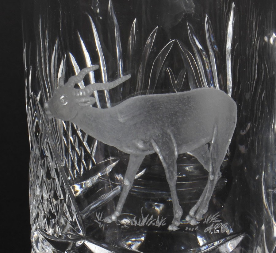Antique Vintage Cut Glass Tankard Engraved with Stag Signed ACC Mid 20th Century