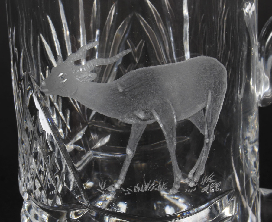 Antique Vintage Cut Glass Tankard Engraved with Stag Signed ACC Mid 20th Century