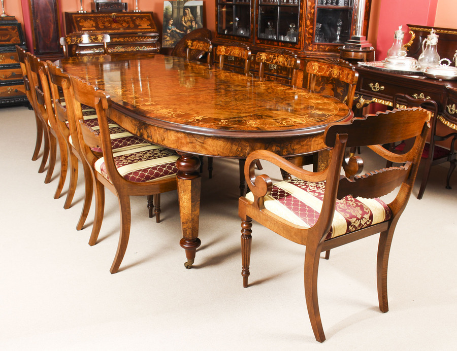 Antique Stunning Bespoke Handmade Burr Walnut Marquetry Dining Table & 10 Chairs