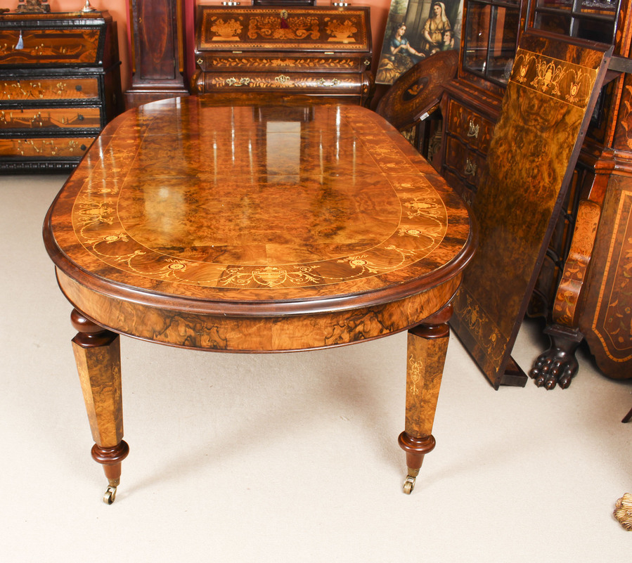 Antique Stunning Bespoke Handmade Burr Walnut Marquetry Dining Table & 10 Chairs