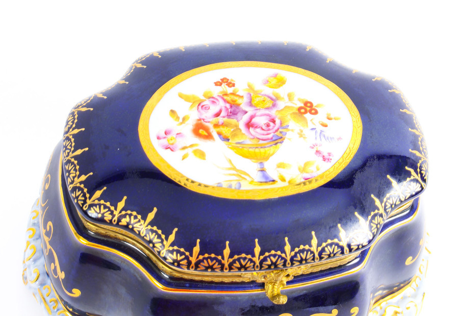Antique Gilded & Hand Painted Blue Royale Porcelain Jewellery Casket 20th century