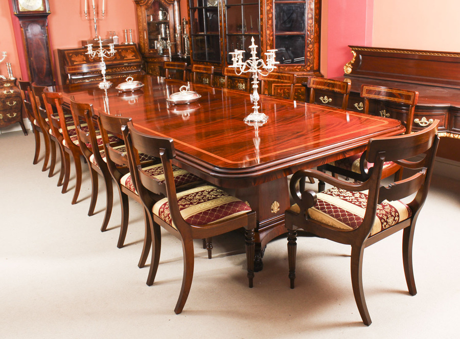 Antique Bespoke Regency Revival Twin Base Dining Table & 14 chairs 21st C