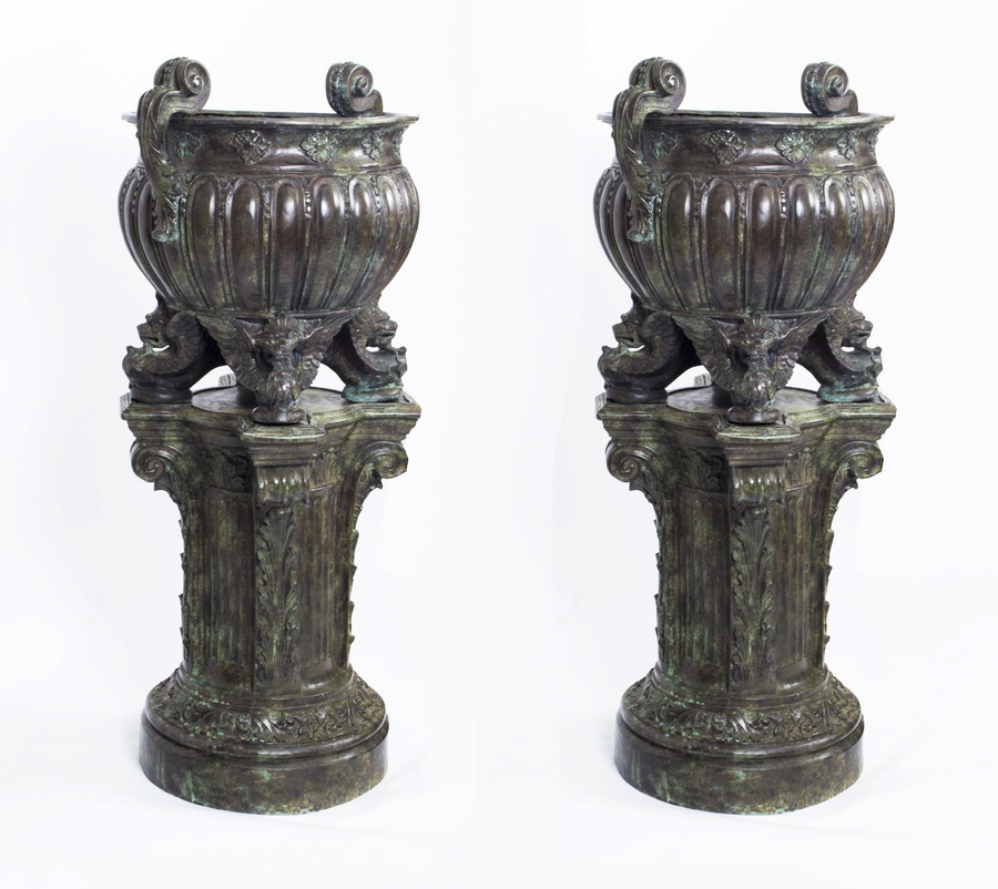 Antique Huge Pair Solid Bronze Classical Jardinieres on Stands