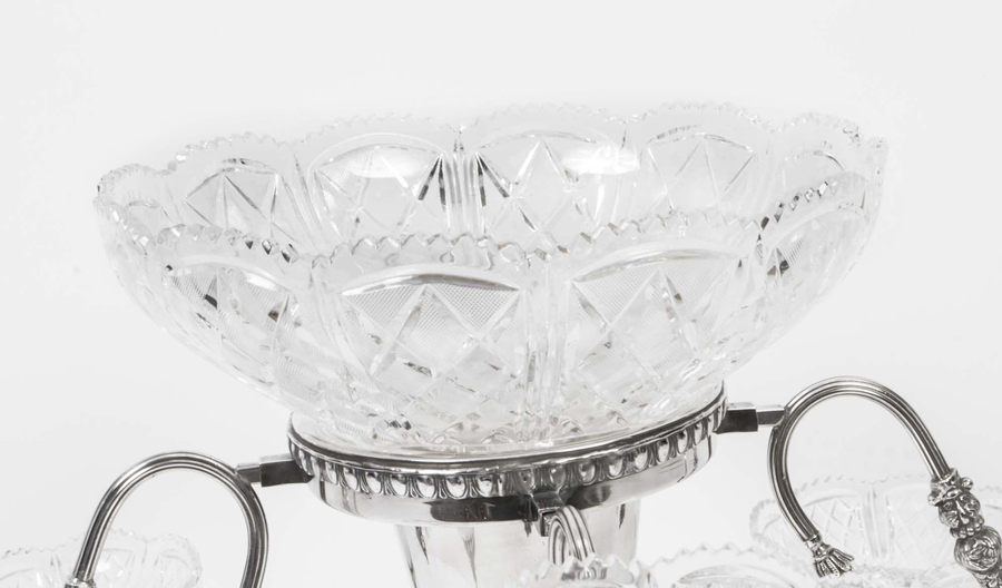 Antique Extravagant English Silver Plate Cut Glass Surtout de Table Set