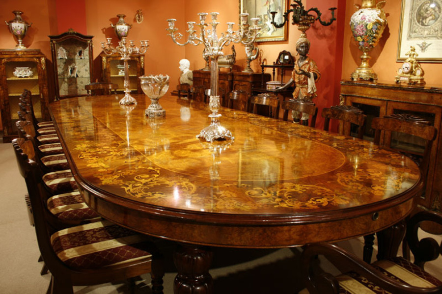 Antique Huge Bespoke Burr Walnut Marquetry Dining Table & 18 chairs