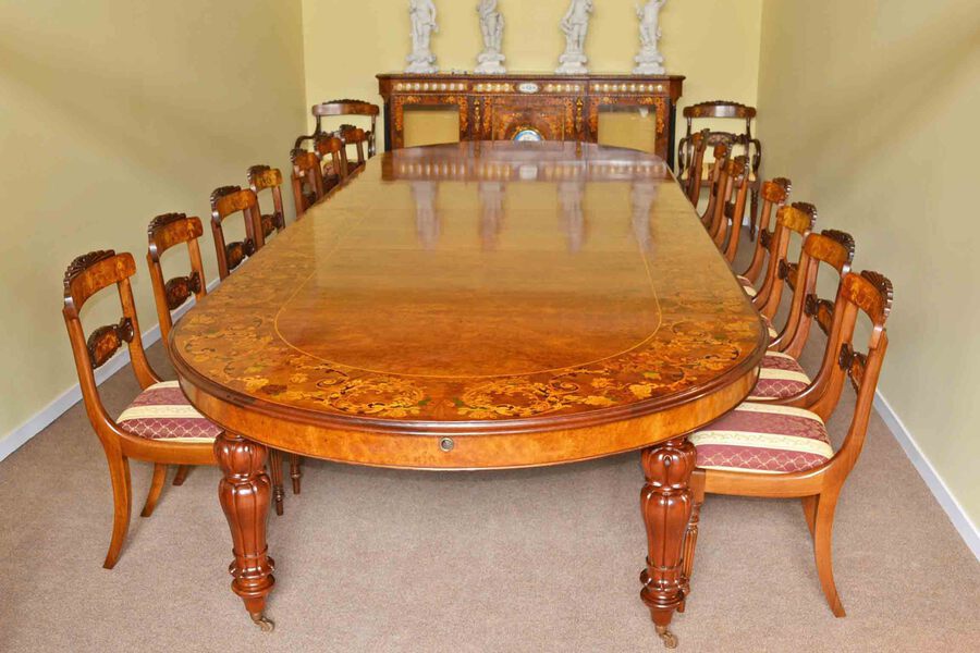 Antique Huge Bespoke Burr Walnut Marquetry Dining Table & 18 chairs