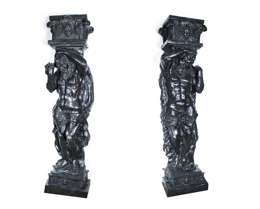 Antique Monumental Pair 8ft Patinated Bronze Atlas Columns
