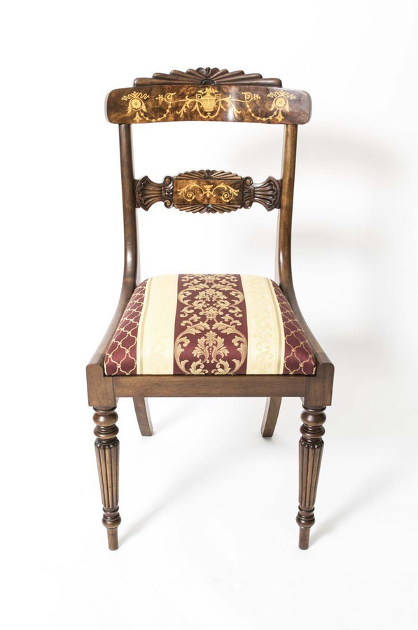 Antique Set 8 Bespoke Handmade Burr Walnut Marquetry Regency Dining Chairs