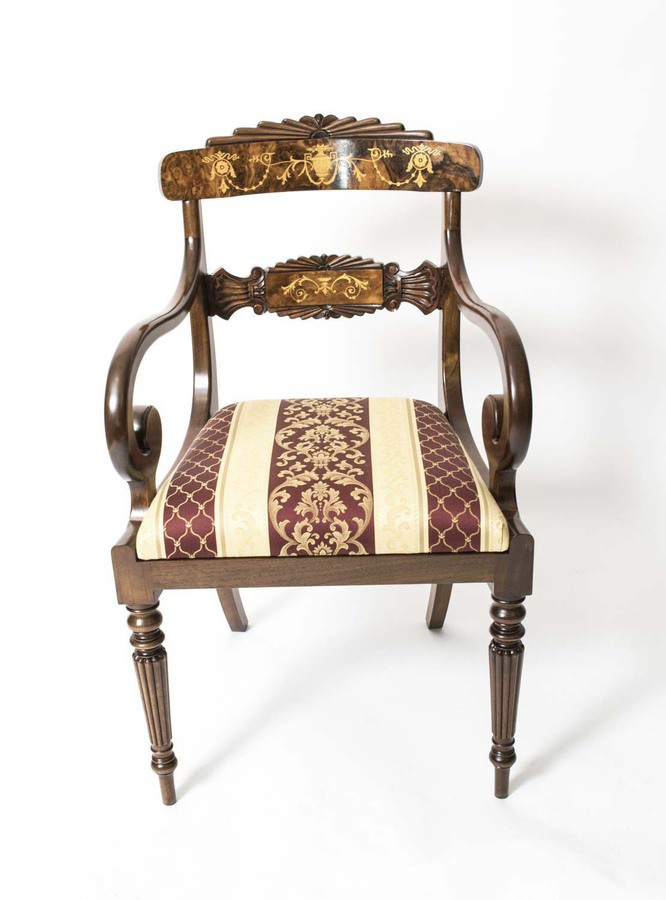 Antique Set 8 Bespoke Handmade Burr Walnut Marquetry Regency Dining Chairs