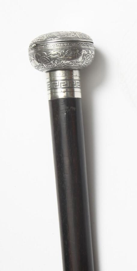 Antique Antique French Silver & Ebonised Watch Opera Cane Walking Stick 19th C