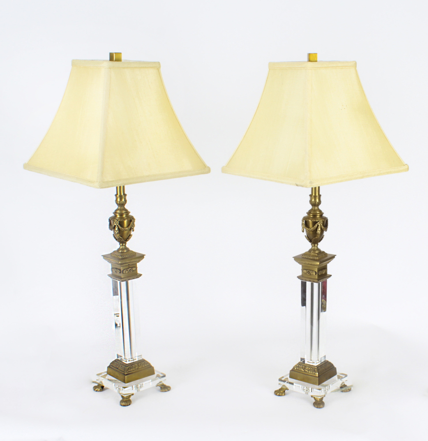 Antique Vintage Set of 4 Corinthian Column Ormolu & Glass Table Lamps Mid 20th Century