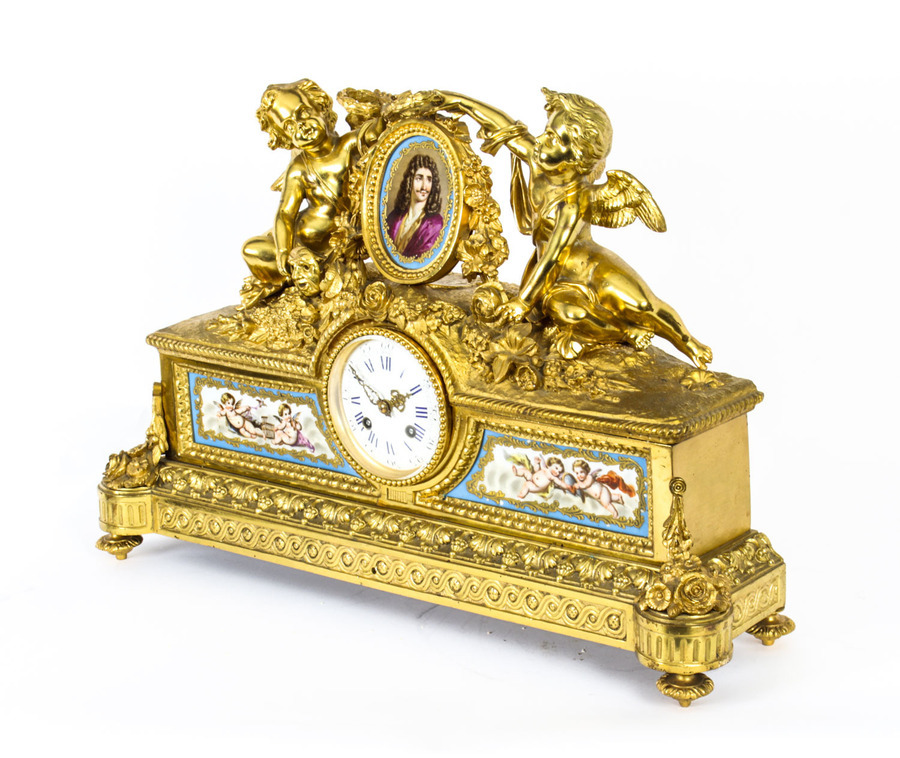 Antique Antique French Gilt Bronze Clock with Portrait Plaque of Molière c.1860