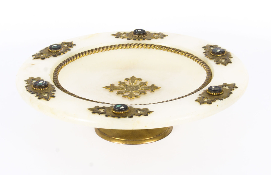 Antique Antique Italian Pietra Dura Mounted Brass and Alabaster Comport Dish 19th C