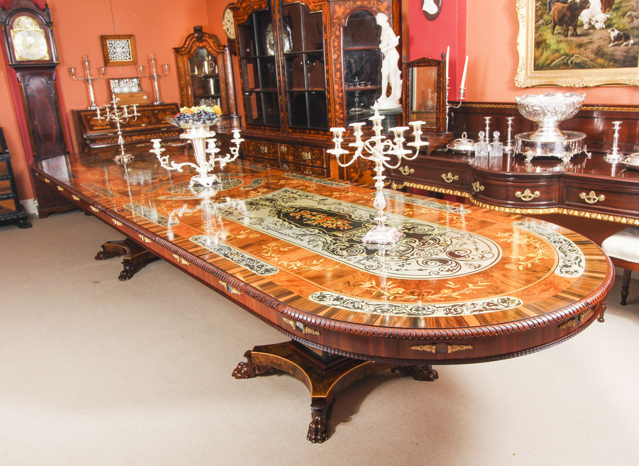 Antique Bespoke 17ft Dining Table, Pewter, Lapis Lazuli & Agate Inlaid & 16 Chairs