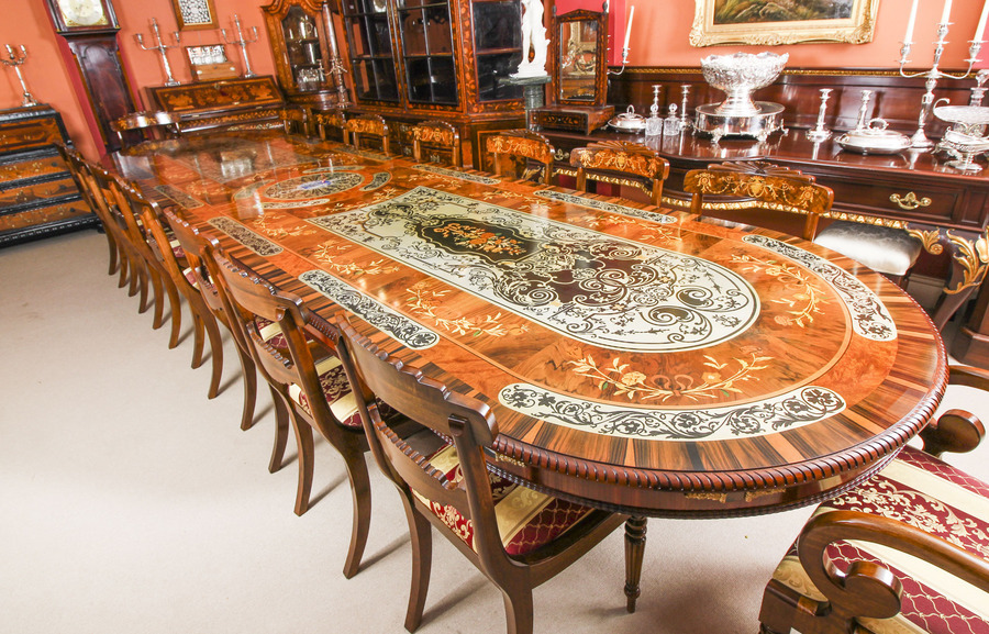 Antique Bespoke 17ft Dining Table, Pewter, Lapis Lazuli & Agate Inlaid & 16 Chairs
