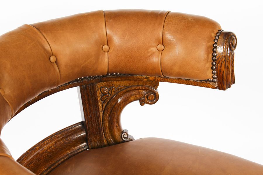Antique Antique Victorian Oak & Leather Desk Chair Tub Chair c.1880