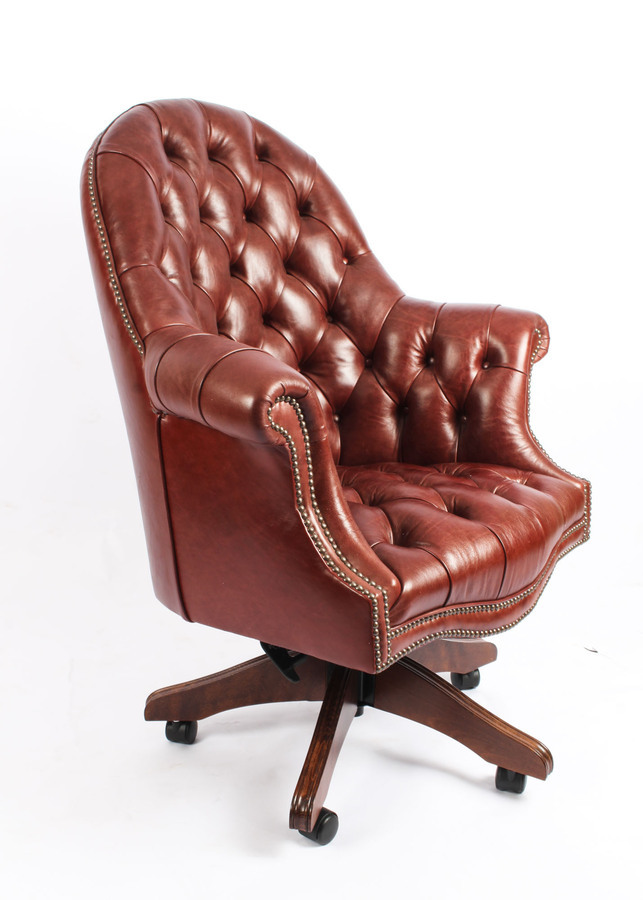 Antique Bespoke English Hand Made Leather Directors Desk Chair Chestnut